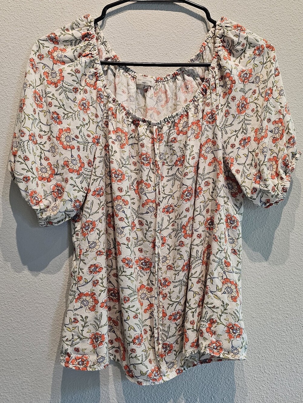 Women's Floral Scoop-Neck Peasant Blouse - Cream with Orange & Green Florals - S